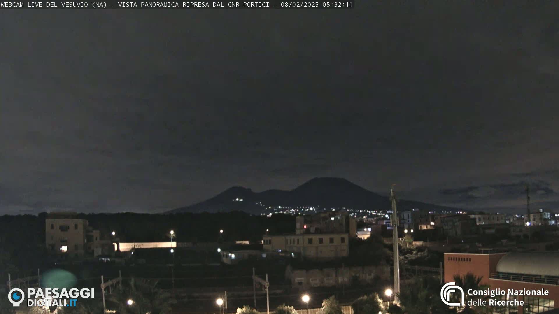 A nighttime view of a city with a volcano in the distance under a dark, mostly clear sky.