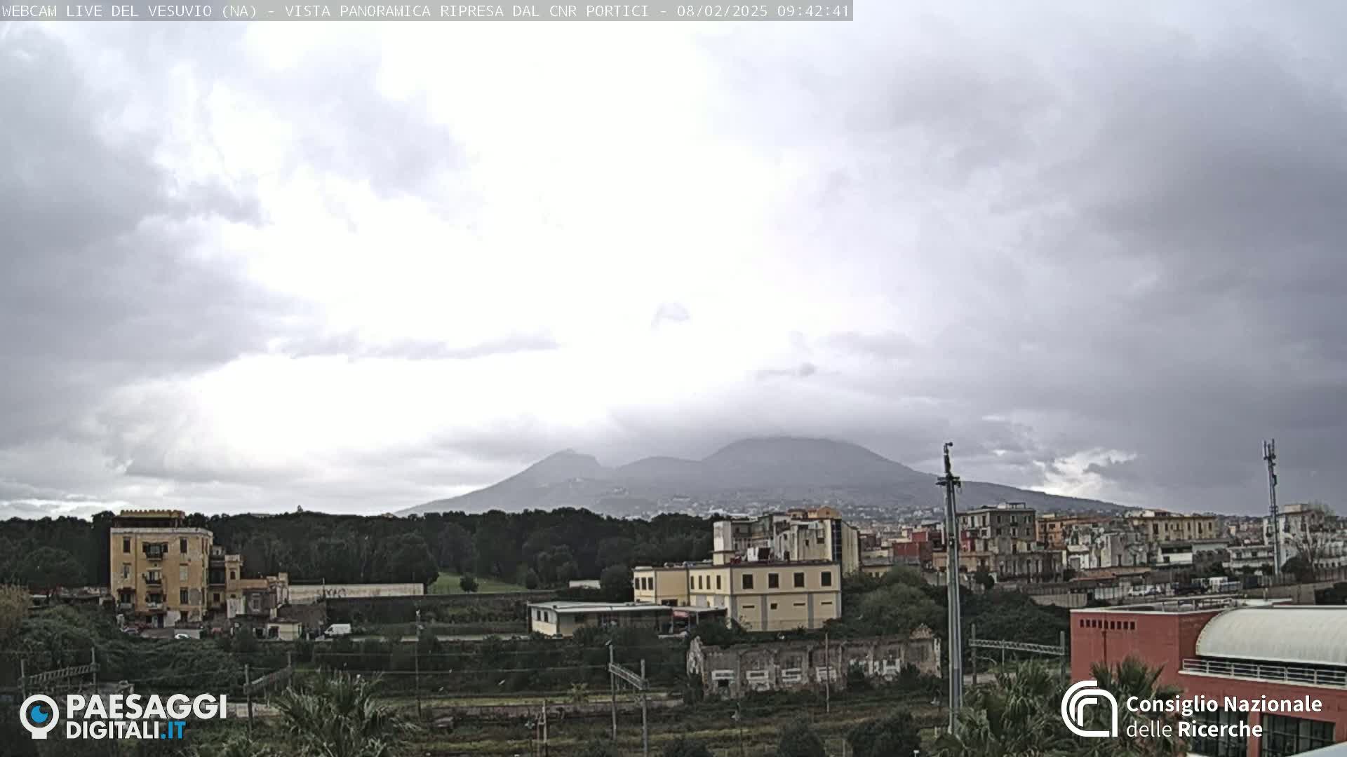 A distant view of Mount Vesuvius under a cloudy sky, with a cityscape and greenery in the foreground.