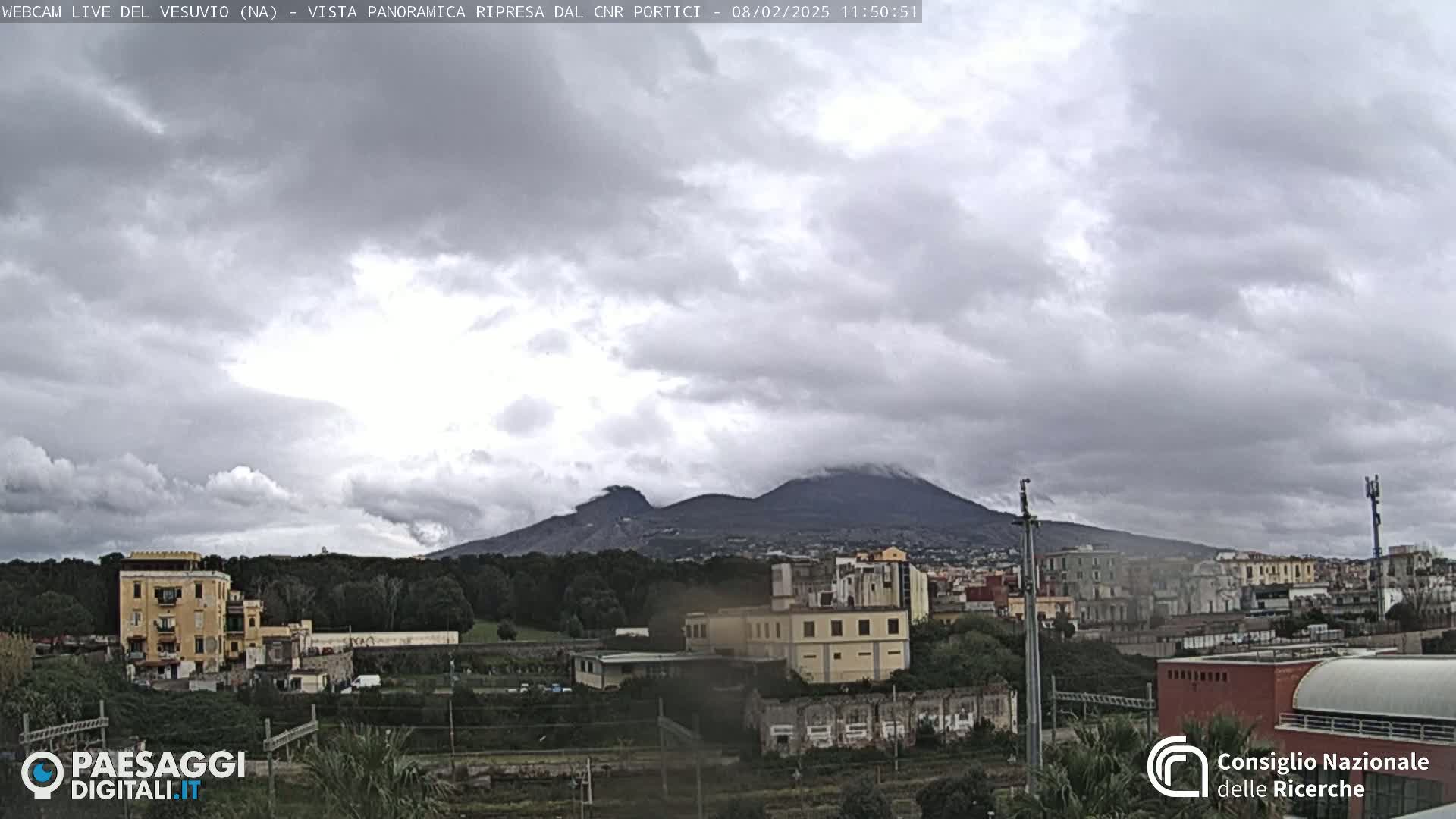 A view of Mount Vesuvius in the distance, under a mostly cloudy sky, with a town and industrial area in the foreground.