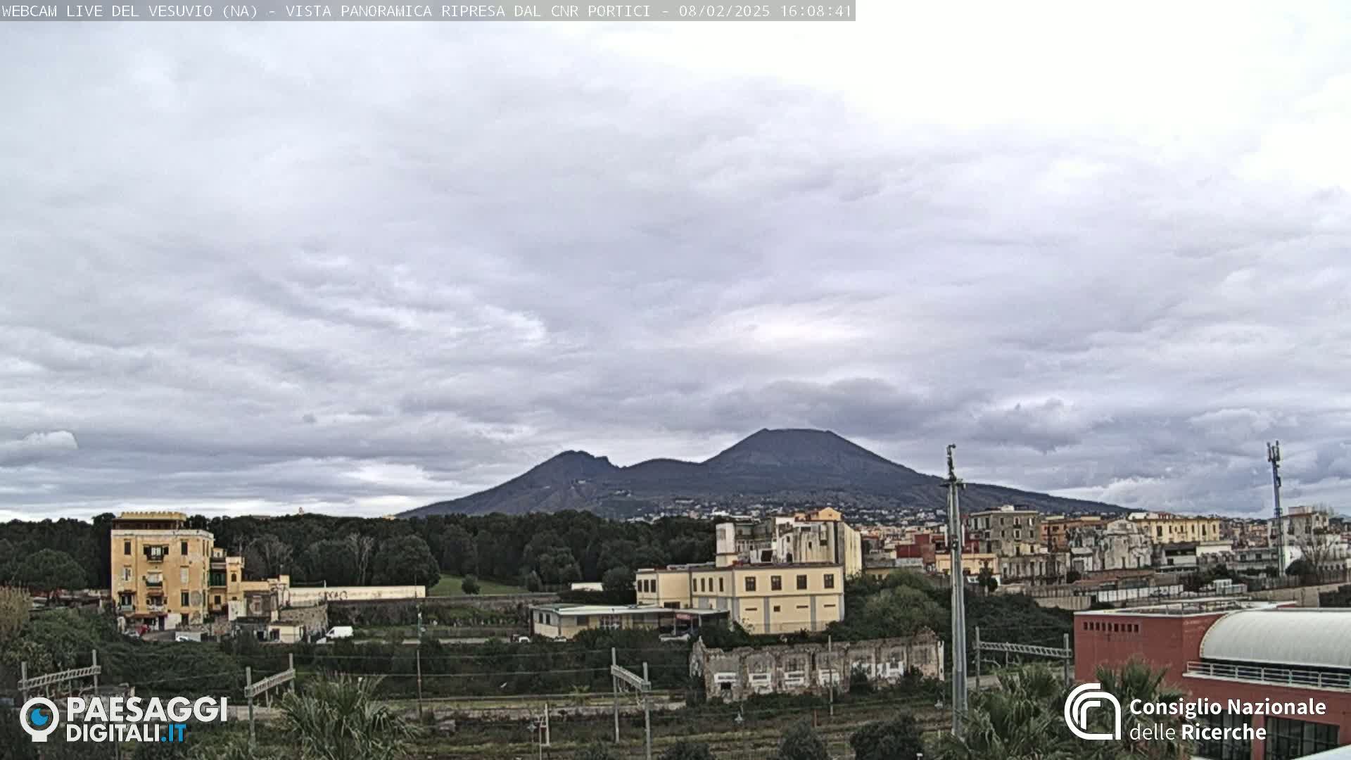 A view of Mount Vesuvius in the distance under a mostly cloudy sky, with buildings and trees in the foreground.