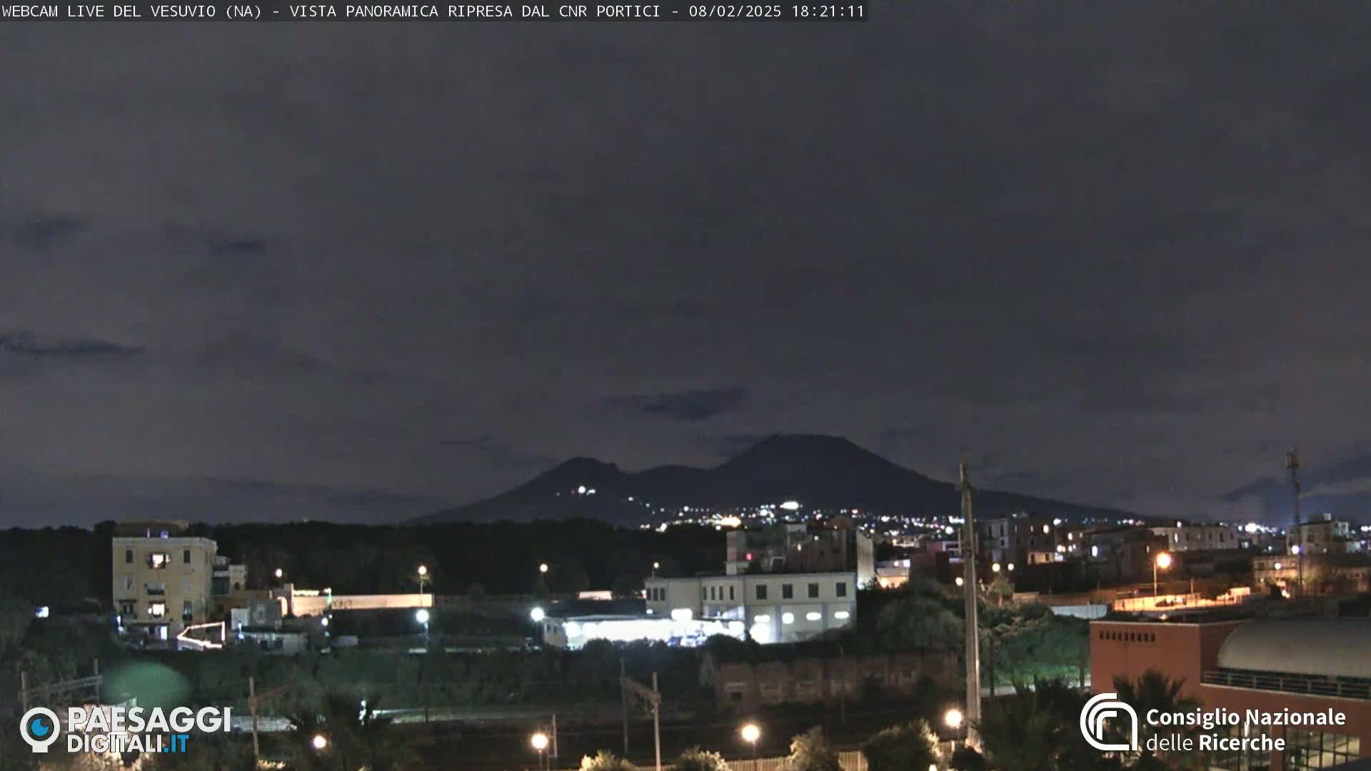 A nighttime, slightly cloudy view of a city with a volcano in the distance, illuminated by artificial lights.