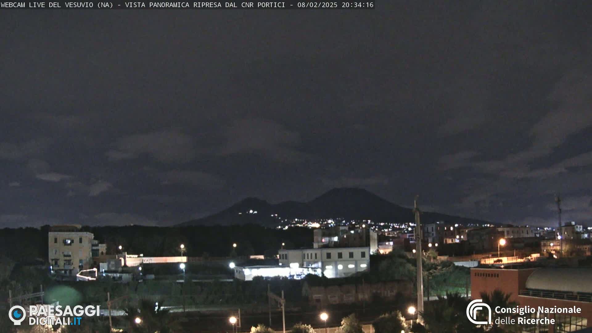 A nighttime view of a city with a mountain range in the background under a partly cloudy sky.