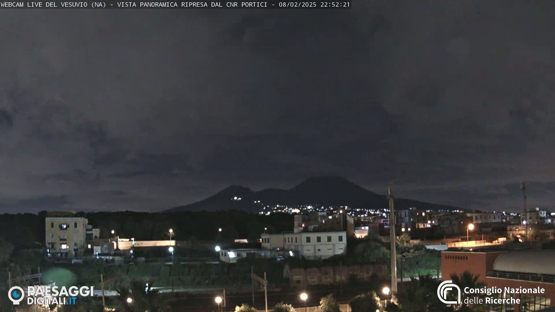 A nighttime view of a city with a volcano in the distance under a partly cloudy sky.