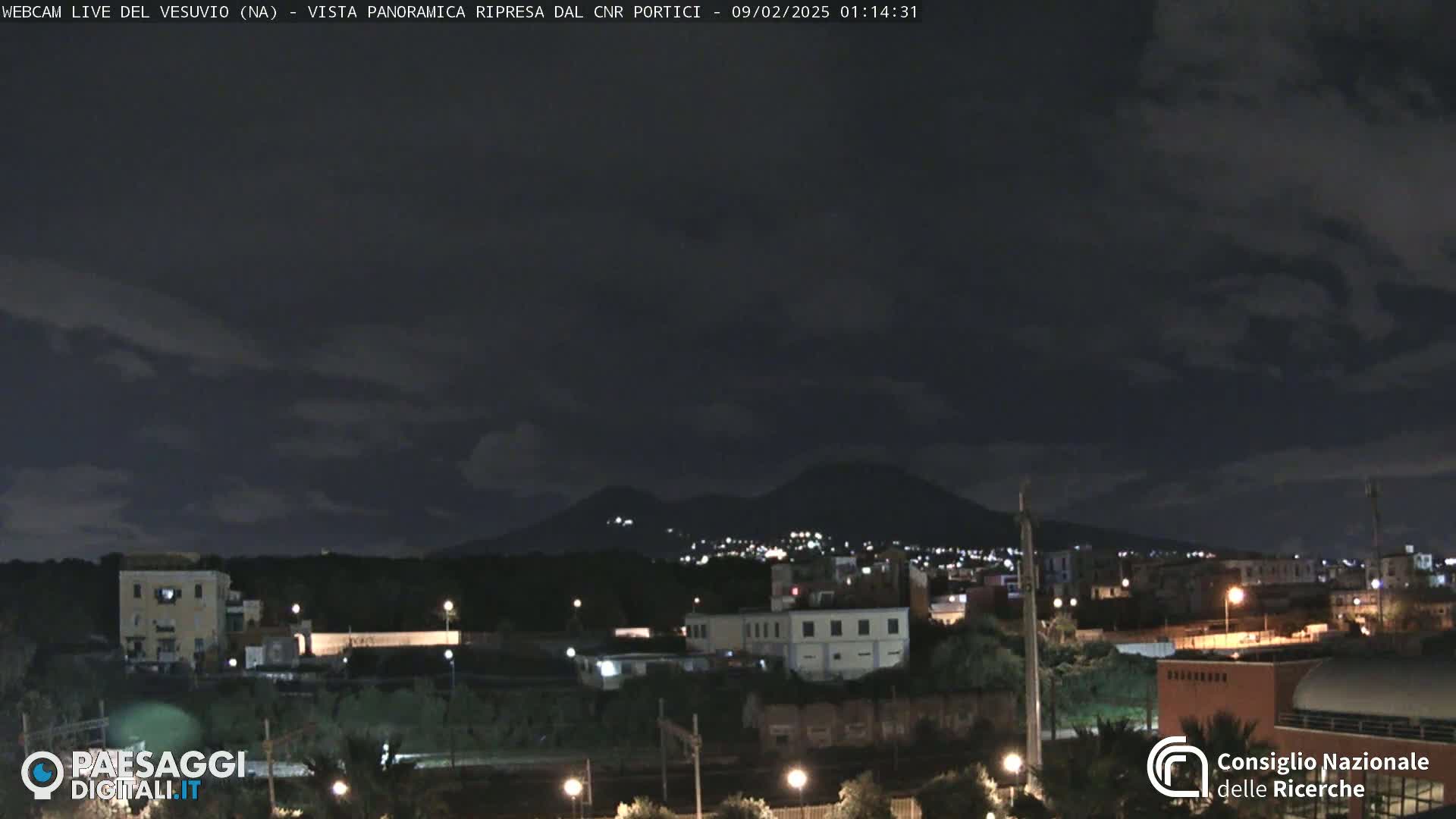 A nighttime, slightly cloudy view of a city with a volcano in the background.