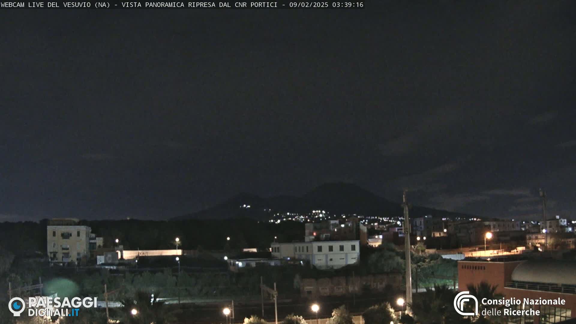A nighttime view of a city with a dark, possibly cloudy sky and a dimly lit volcano in the background.