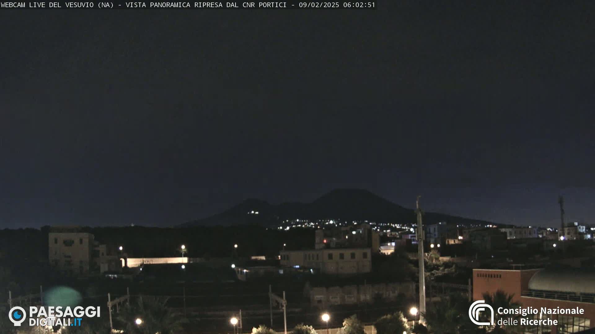 A nighttime, panoramic view of a city with a volcano in the background under a clear, dark sky.