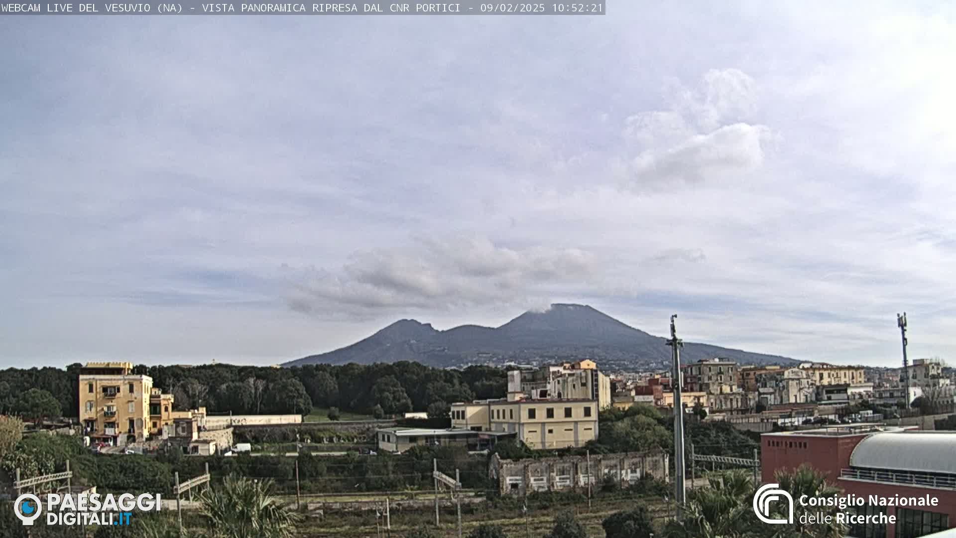 A partly cloudy day shows Mount Vesuvius in the distance, overlooking a cityscape and green areas.