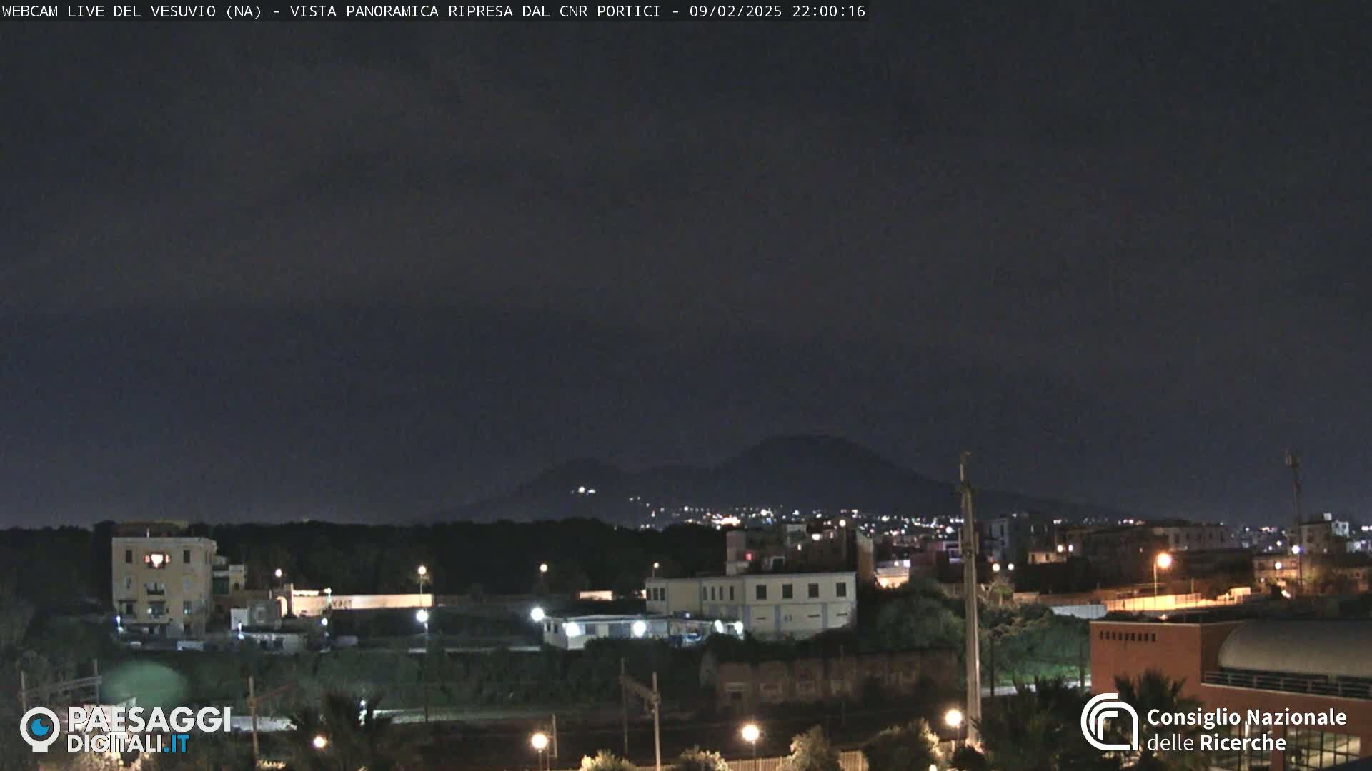 A nighttime view of a city with a volcano in the background under a dark, clear sky.