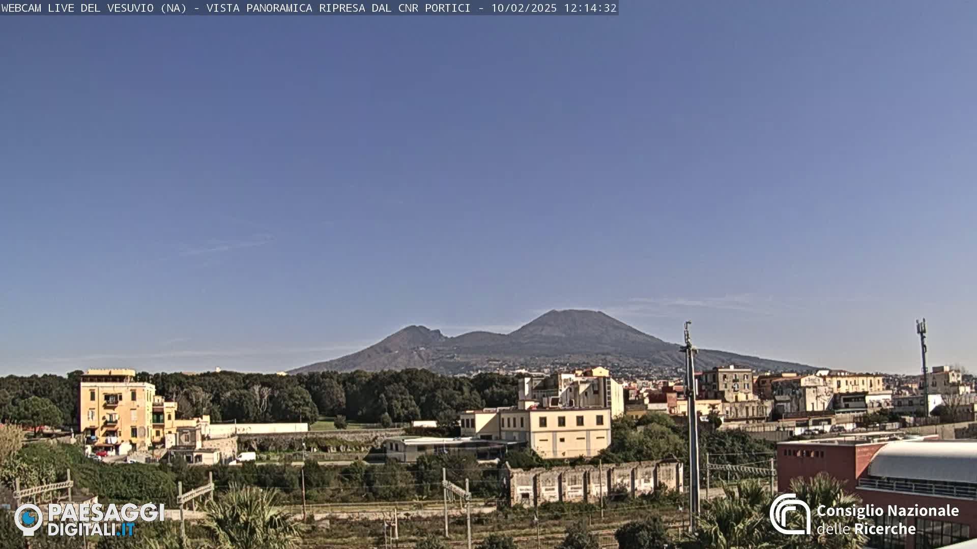 A clear day reveals Mount Vesuvius in the distance, overlooking a town with low-rise buildings and greenery.