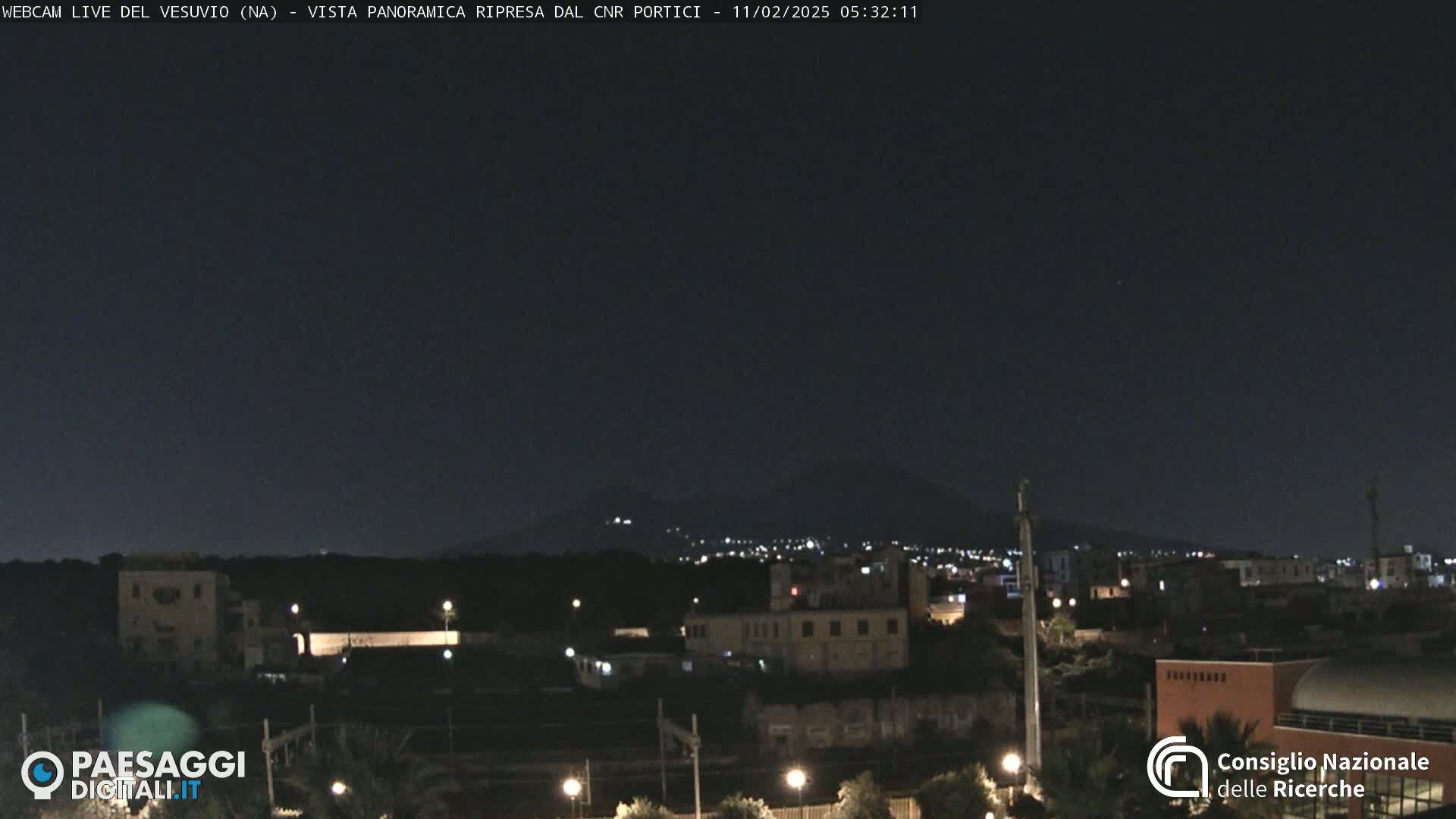 A nighttime long shot shows a city with a dark, mountainous silhouette in the background under a clear, dark sky.