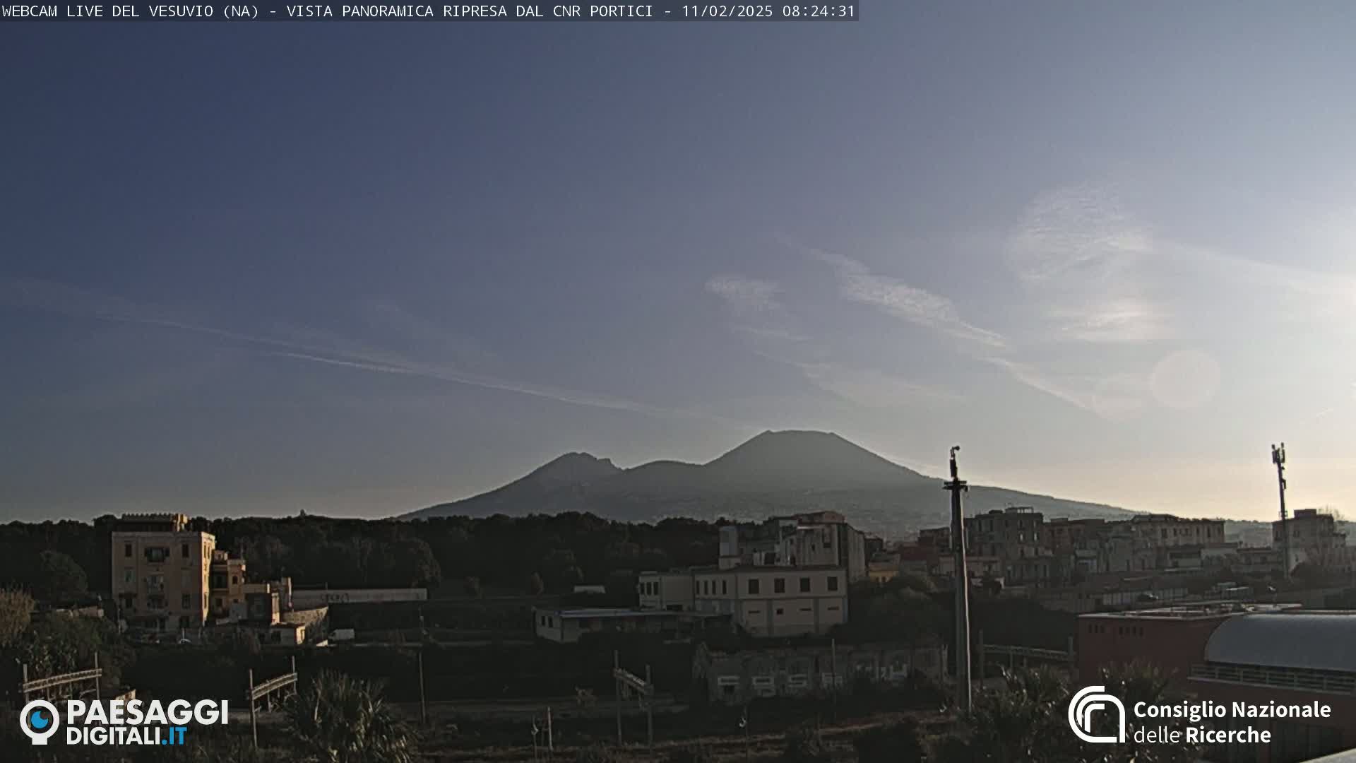 A distant, hazy view of Mount Vesuvius under a mostly clear, pale sky, with buildings and trees in the foreground.