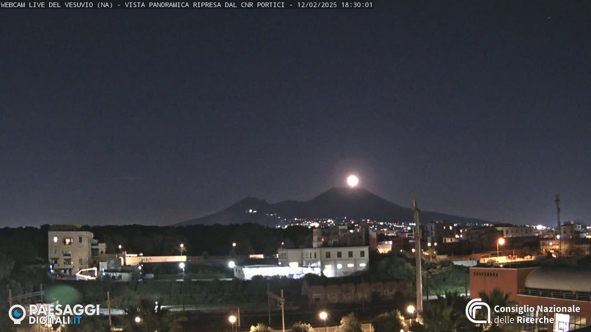 A nighttime view of a city with a large volcano in the background, illuminated by a bright moon.
