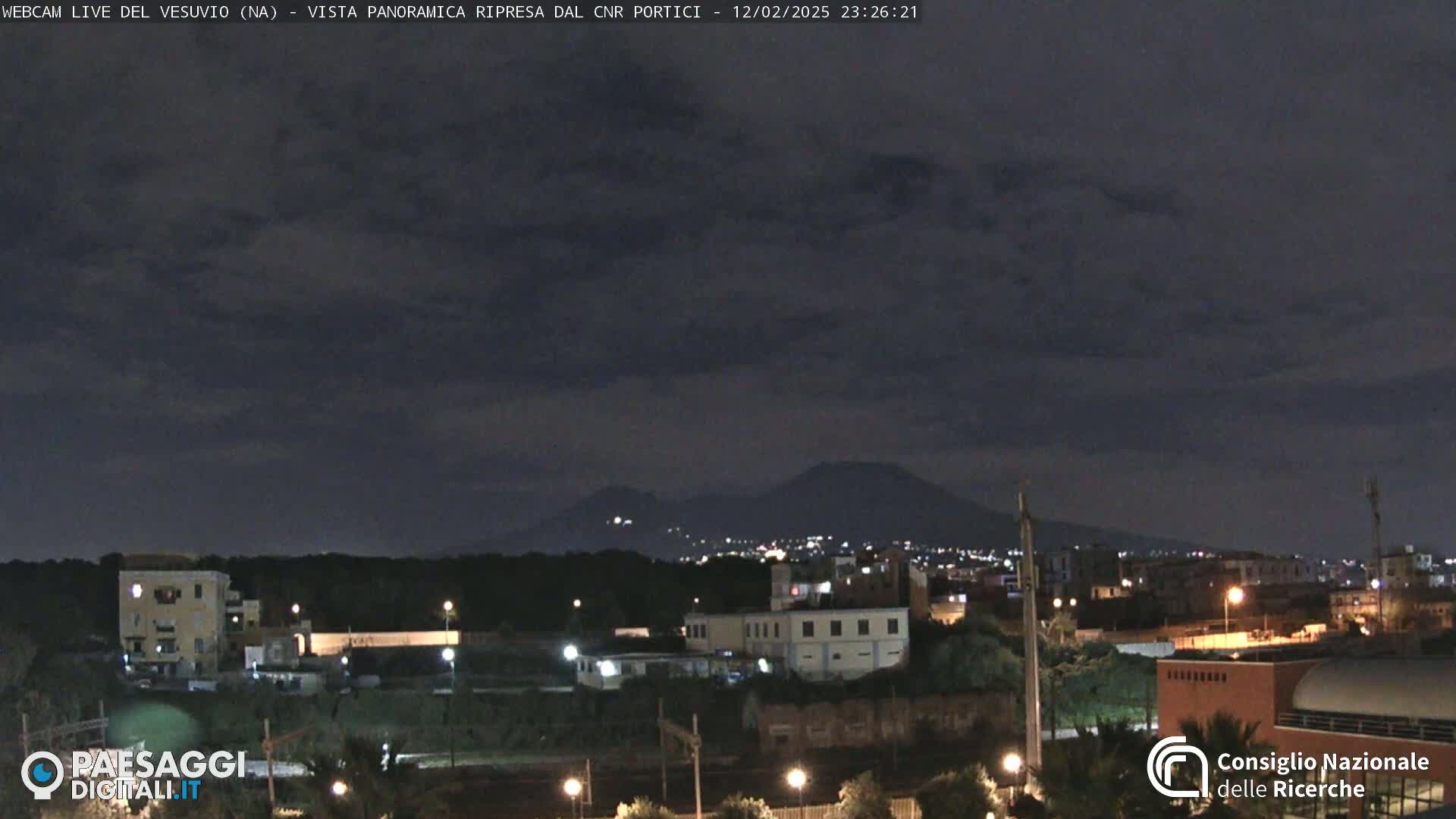 A nighttime view of a city with a volcano in the distance under a dark, cloudy sky.