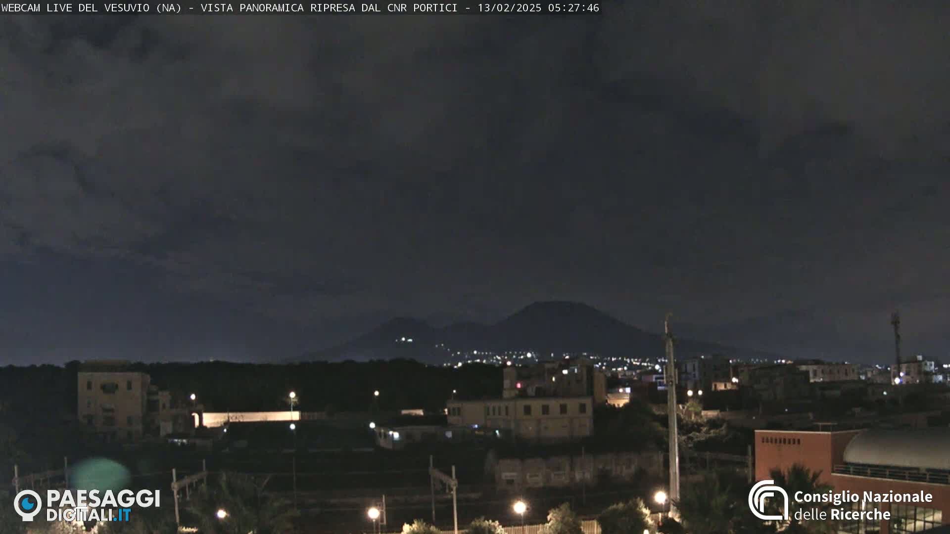 A nighttime view of a city with a volcano in the distance under a mostly cloudy sky.