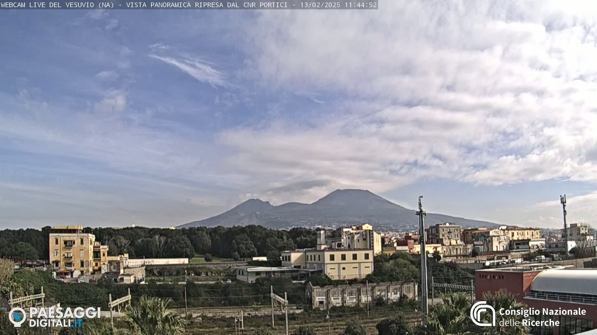 A view of Mount Vesuvius in the distance under a partly cloudy sky, with buildings and trees in the foreground.