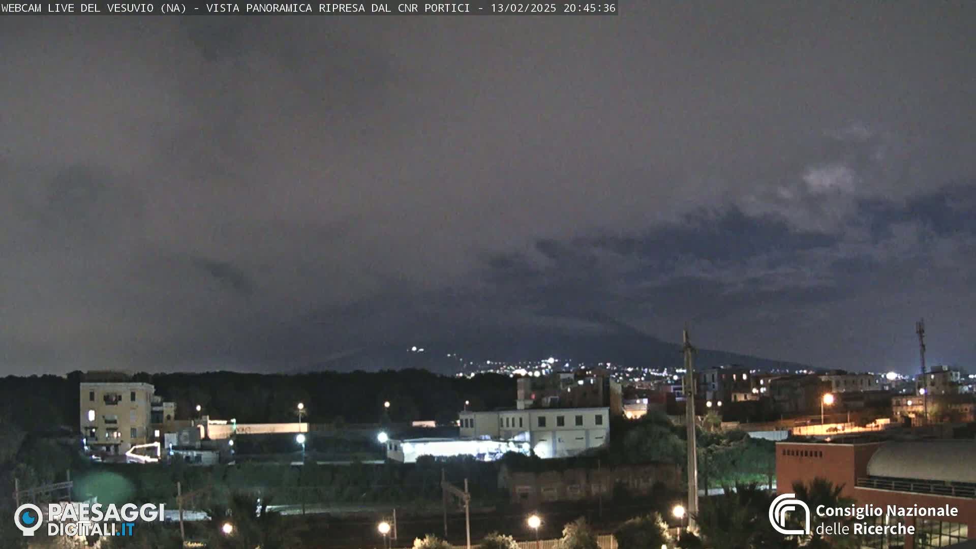 A nighttime view of a city with a volcano in the distance under a cloudy sky.