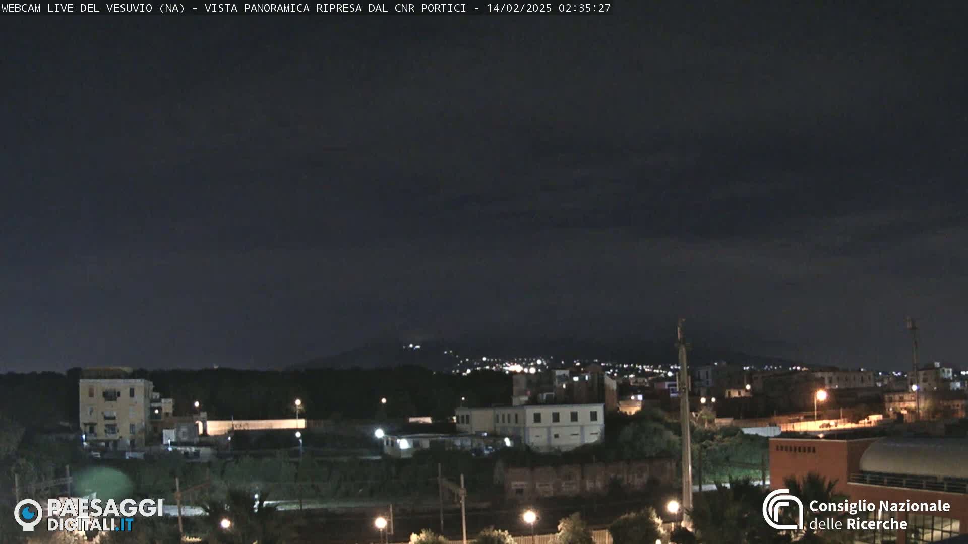A nighttime view of a city with distant, faintly lit mountains under a dark, cloudy sky.