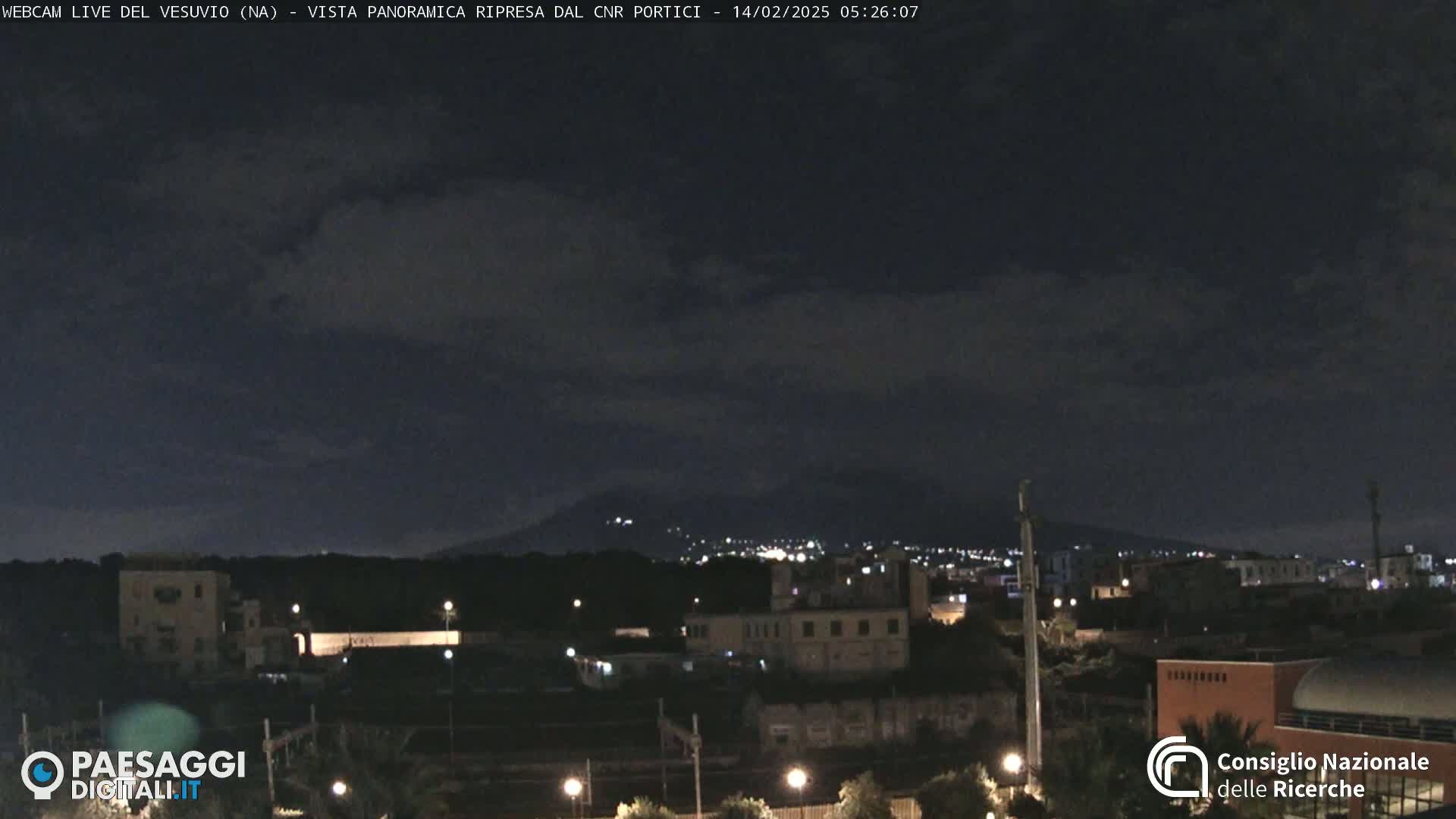 A nighttime, low-light view of a city with a distant, dark mountain range under a mostly clear, dark sky.