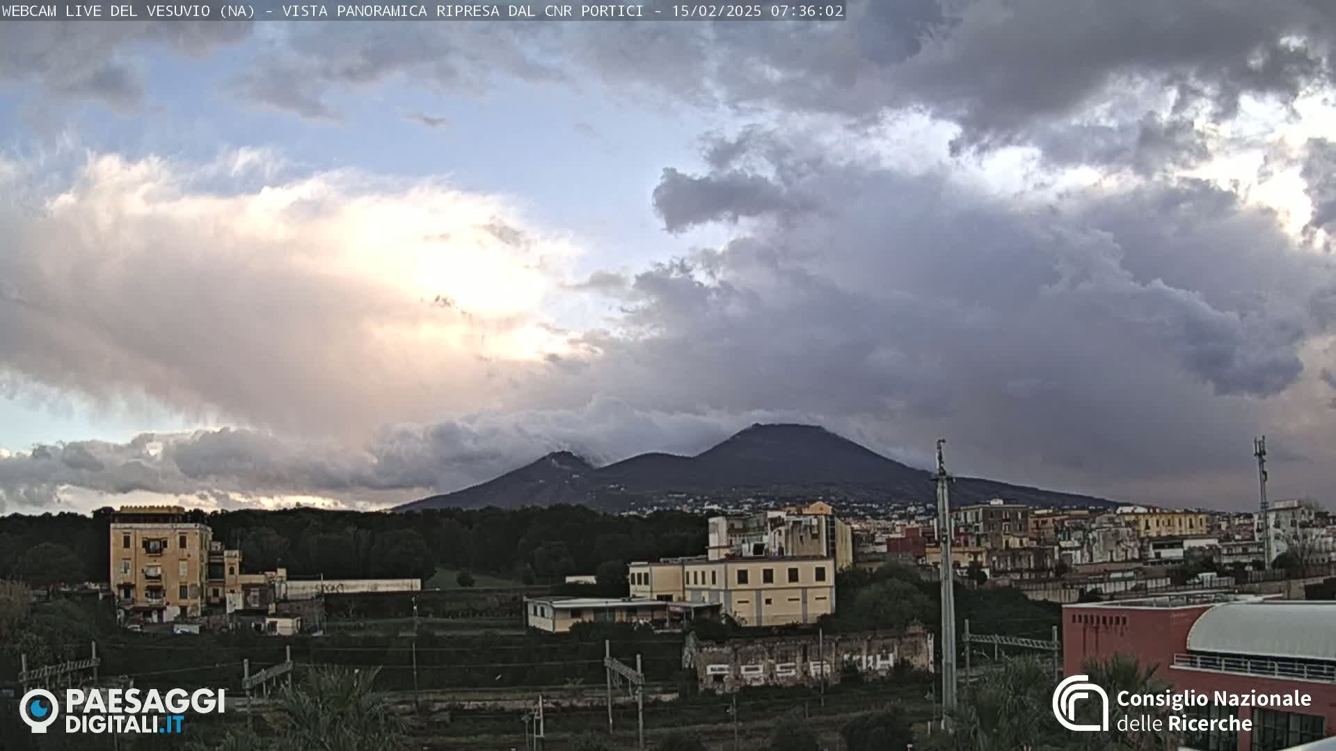 A partly cloudy sky, with some breaks of sunlight, hangs over a cityscape and a distant mountain range.