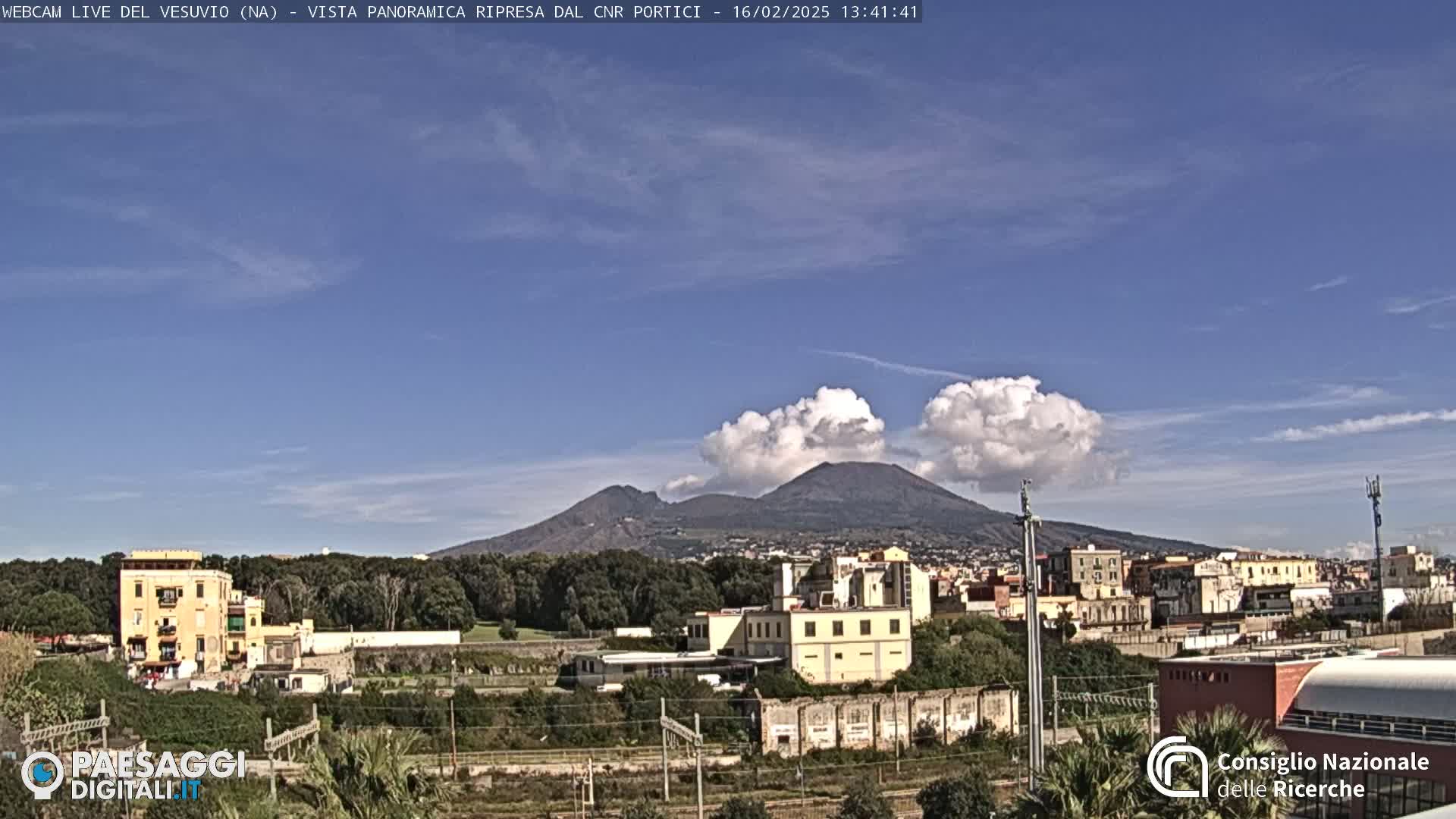 A partly cloudy sky over a city with Mount Vesuvius in the background.