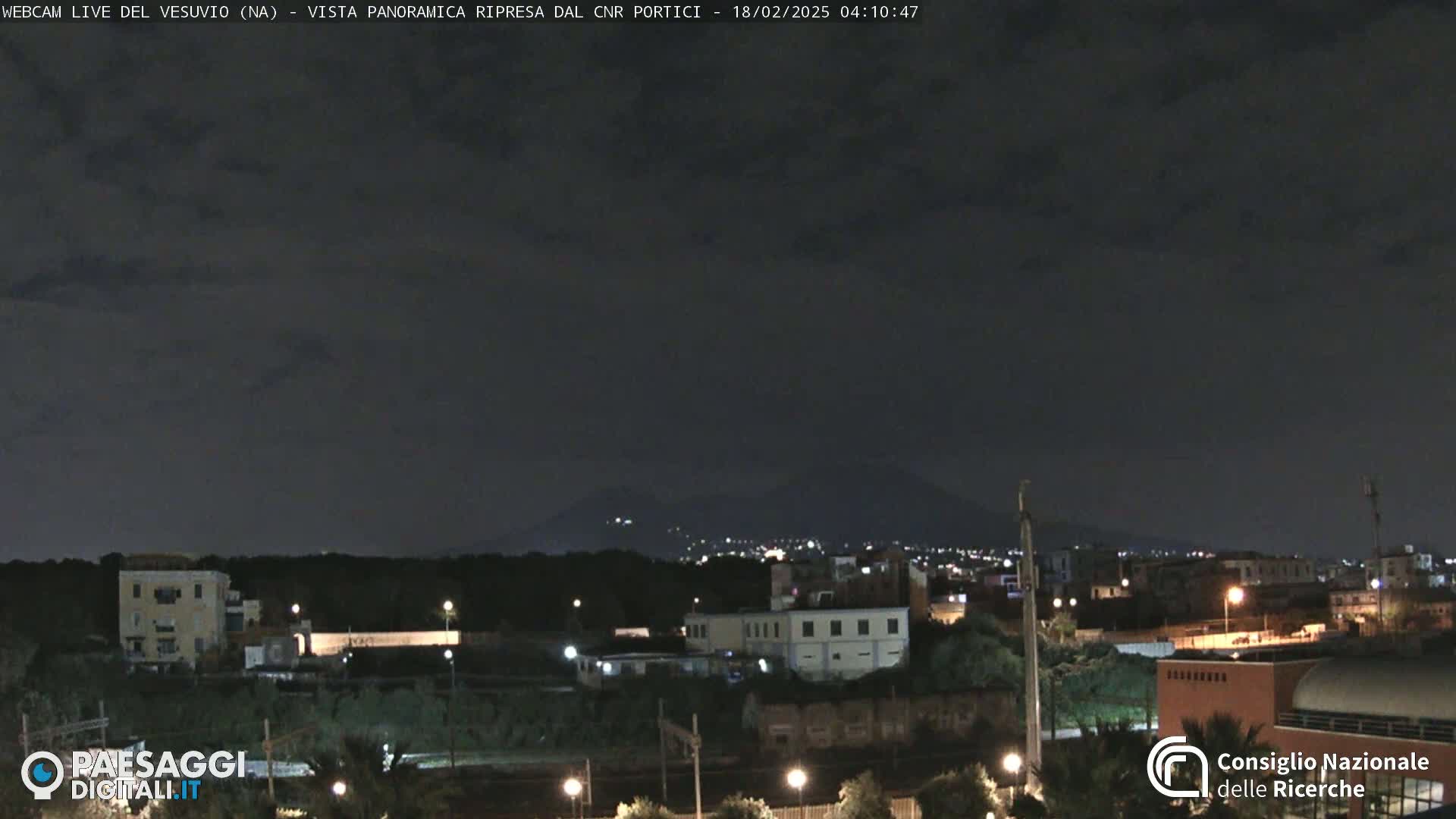 A nighttime long shot of a city with a volcano visible in the distance under a dark, cloudy sky.