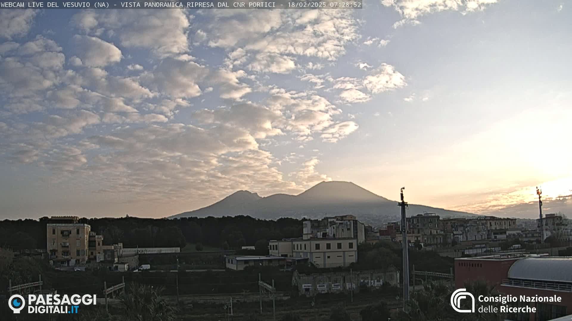 A partly cloudy sunrise illuminates Mount Vesuvius in the distance, overlooking a cityscape.