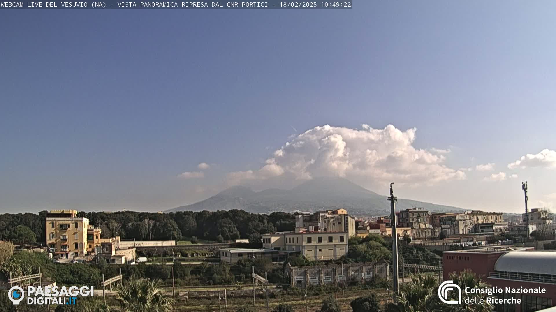 A partly cloudy day reveals Mount Vesuvius in the distance behind a town with low-rise buildings.