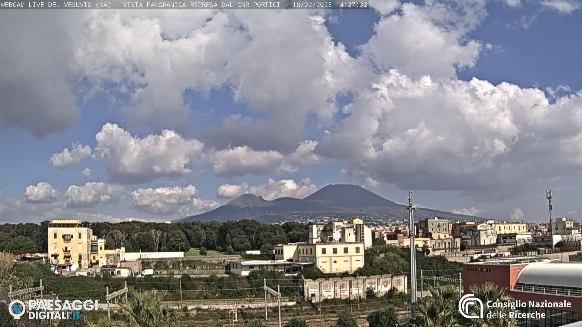 A partly cloudy sky overlooks a town and Mount Vesuvius in the distance.