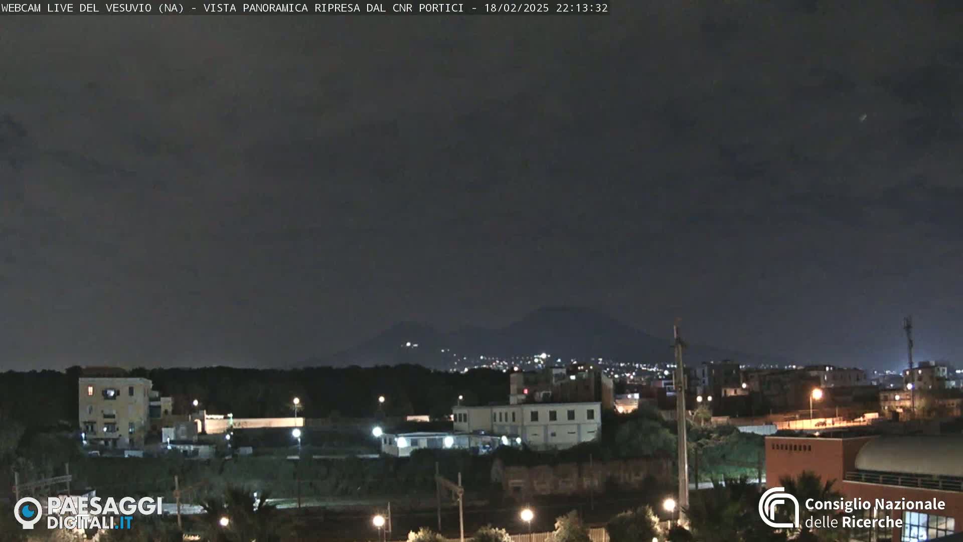 A nighttime view of a city with a distant, dimly lit mountain range under a dark, cloudy sky.