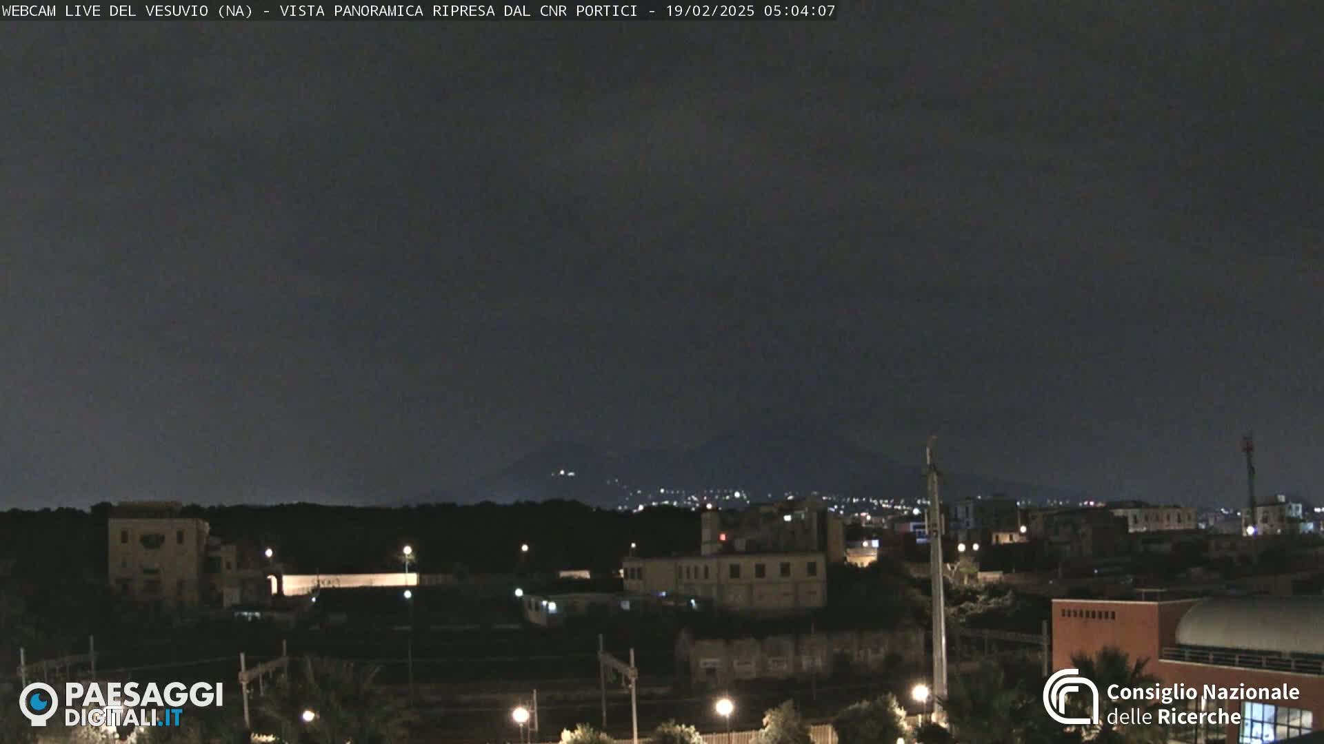 A nighttime, slightly overcast view of a city with a distant mountain range dimly lit in the background.