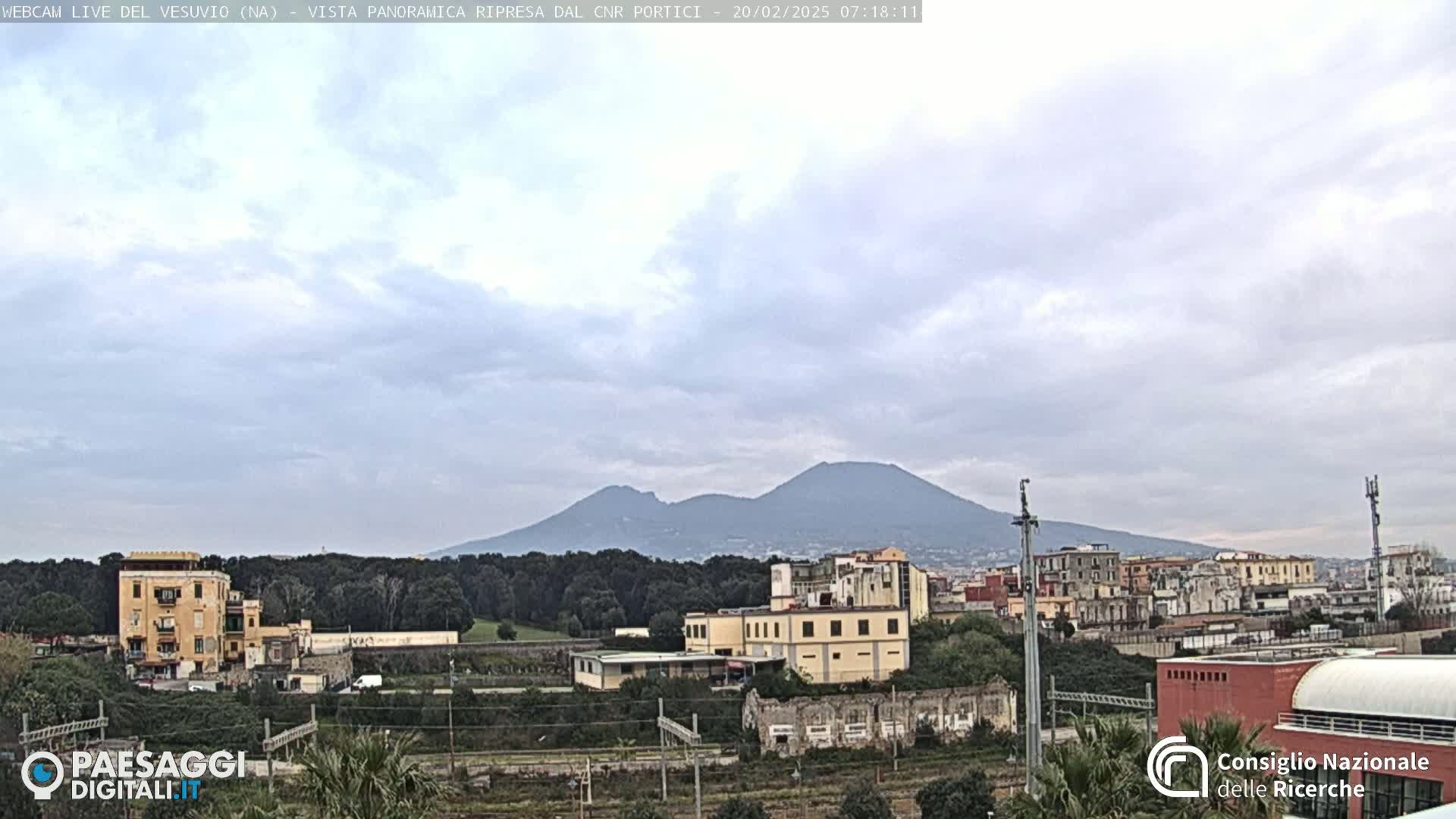 A view of Mount Vesuvius in the distance, under a mostly cloudy sky, with buildings and trees in the foreground.
