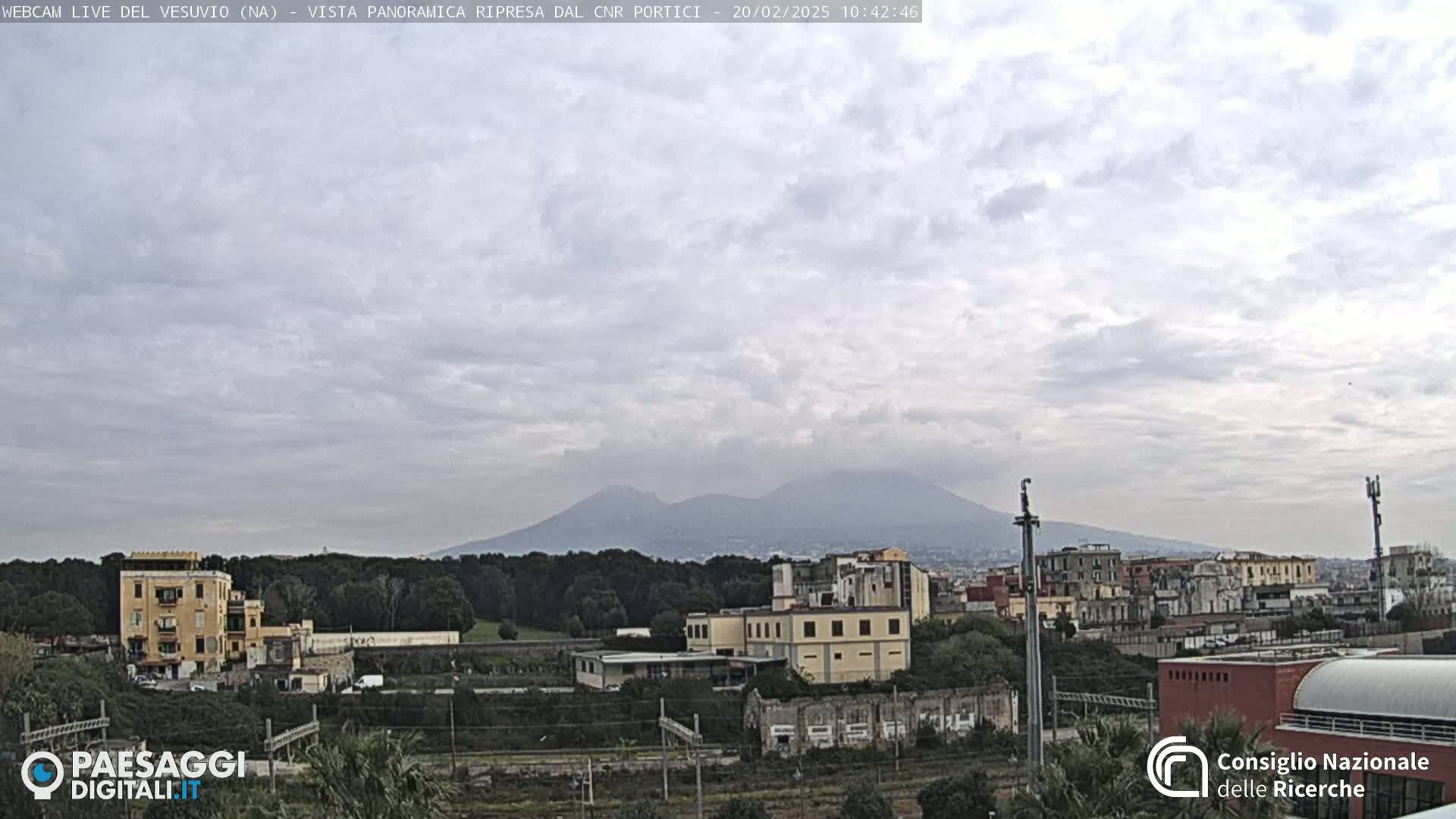 A view of Mount Vesuvius in the distance, under a cloudy sky, with buildings and trees in the foreground.