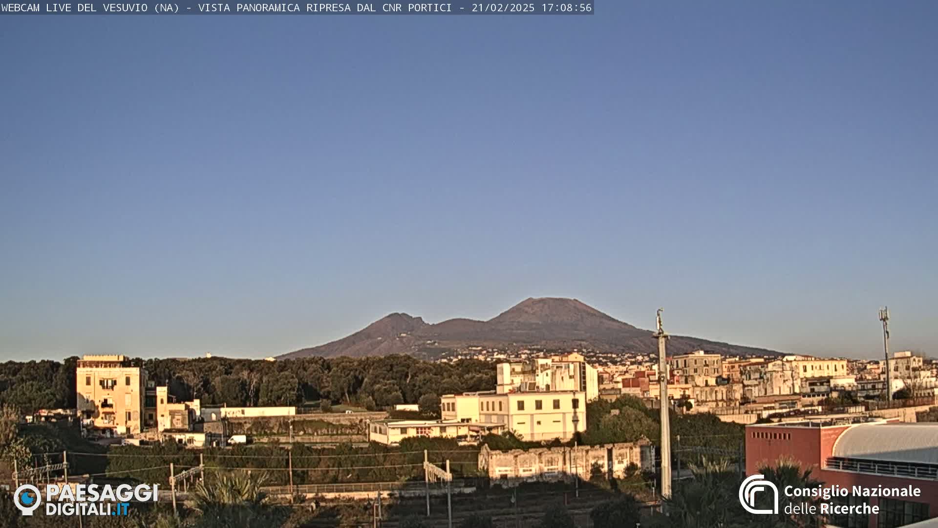 A clear, daytime view of Mount Vesuvius in the distance, overlooking a town with buildings and trees in the foreground.