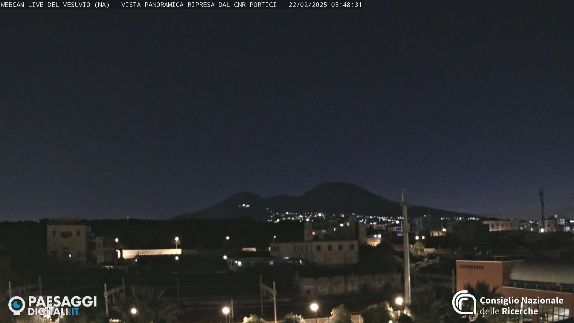 A nighttime view of a city with a volcano in the background under a clear, dark sky.