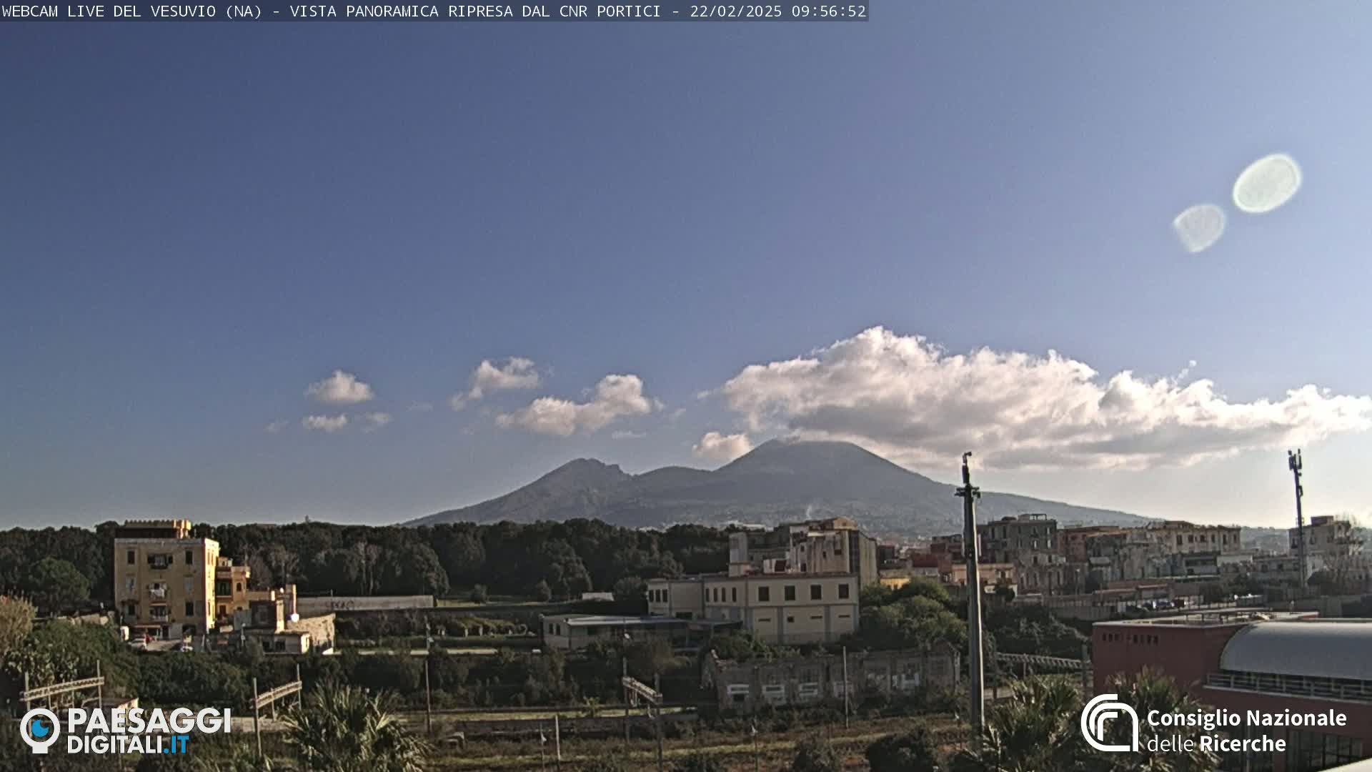 A partly cloudy day reveals a distant view of Mount Vesuvius behind a cityscape.