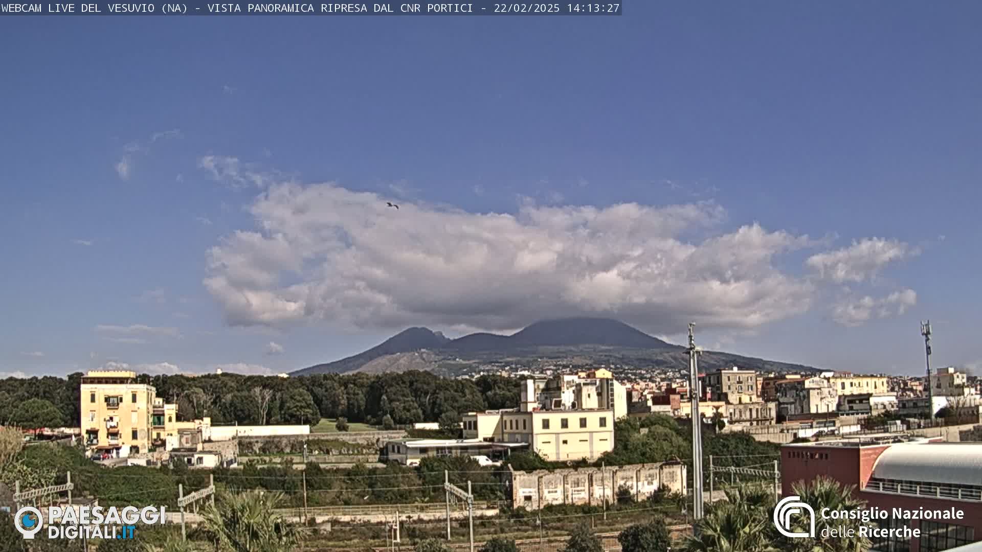 A partly cloudy day shows Mount Vesuvius in the distance behind a cityscape.