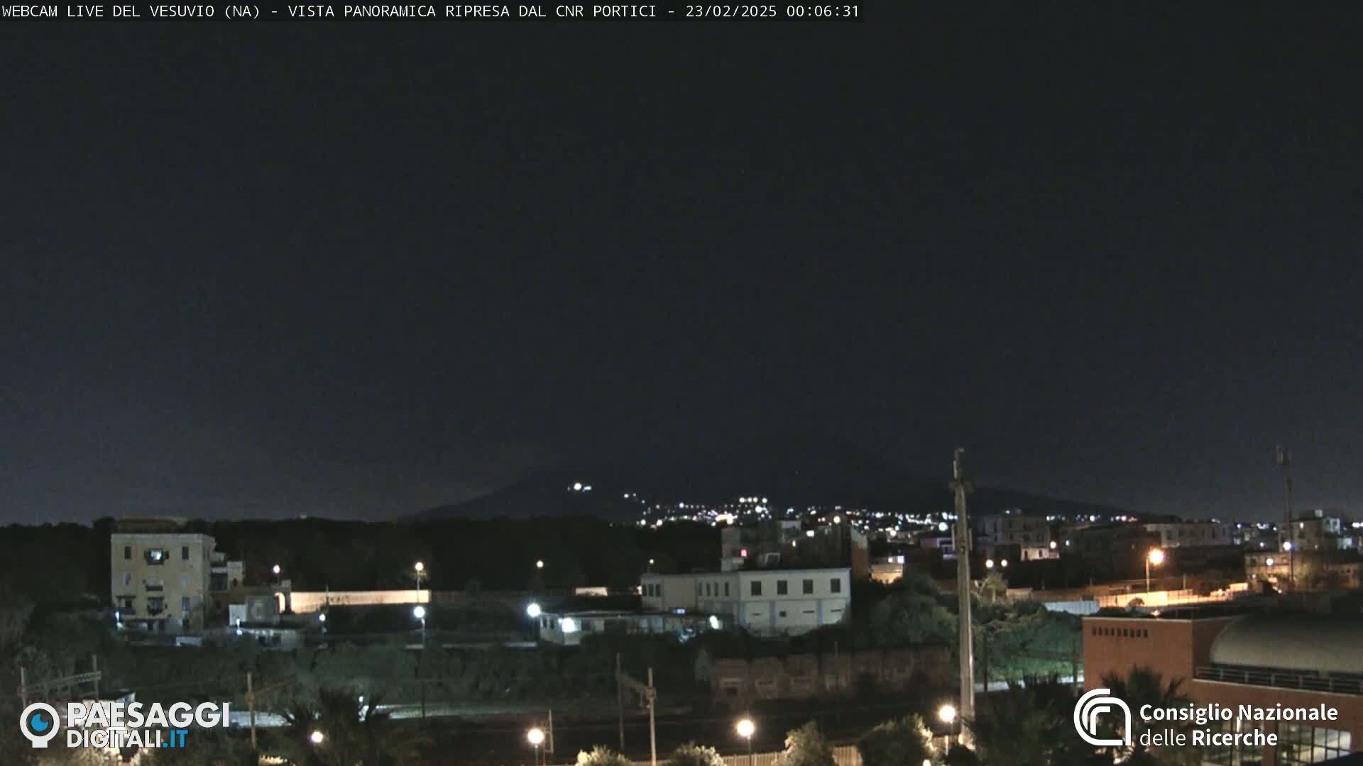A nighttime, long shot of a town with a mountain in the distance under a dark sky.