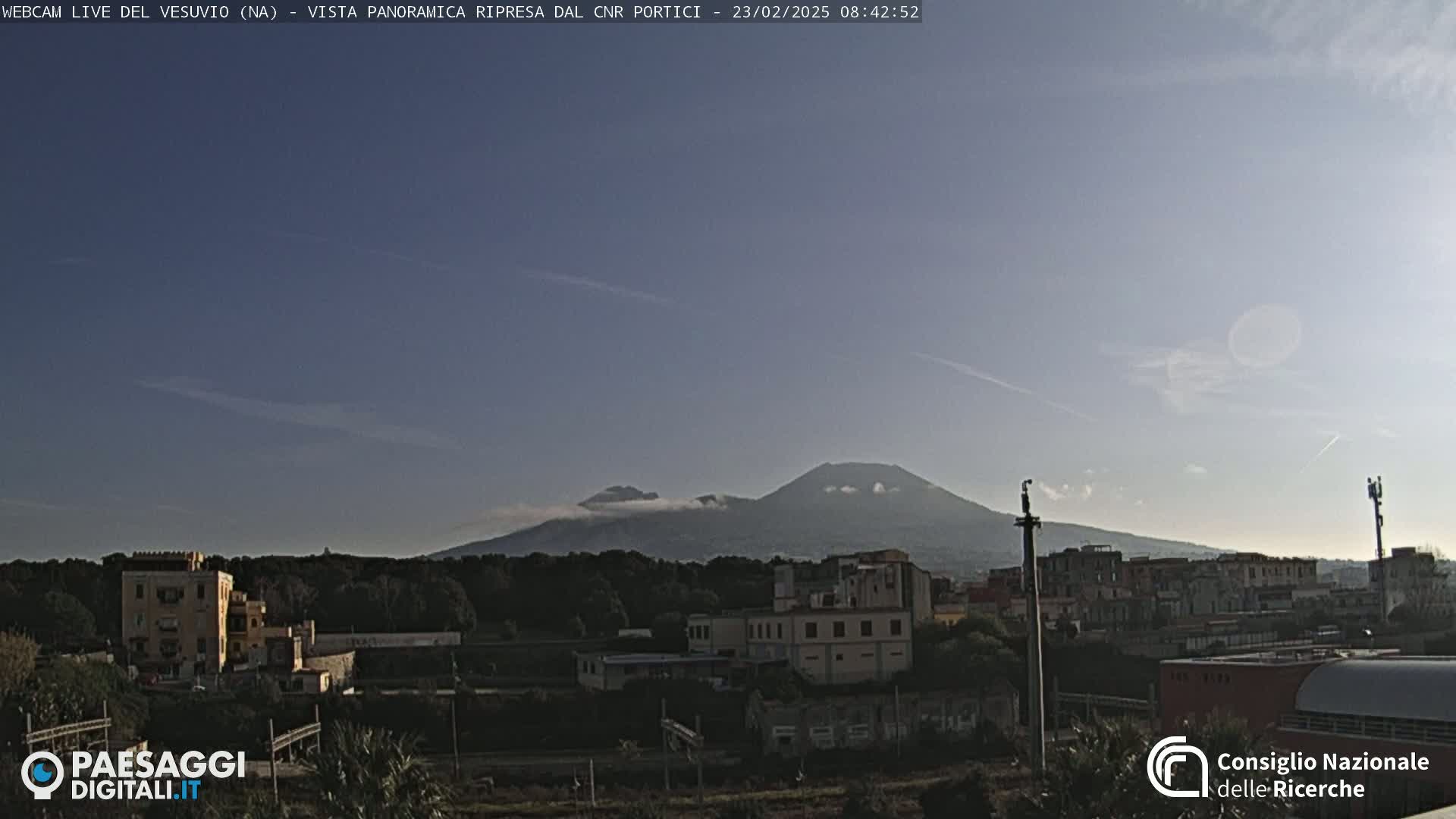A partly cloudy sky overlooks a town with a volcano in the background.
