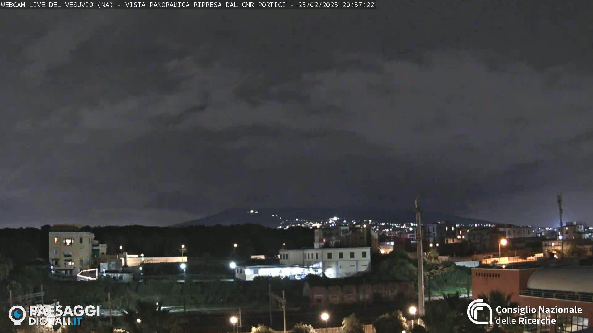 A nighttime, cloudy view shows a city with lights illuminating buildings and streets, a distant mountain range silhouetted against the dark sky.
