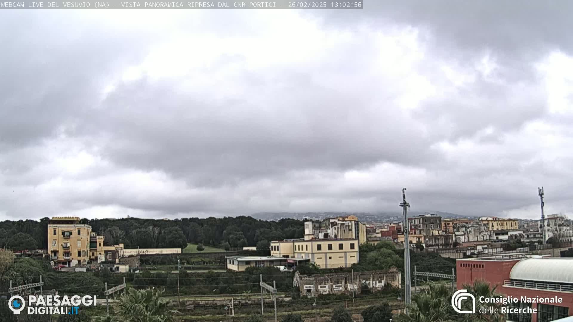 A panoramic view of a city under an overcast sky shows buildings, trees, and railway tracks.