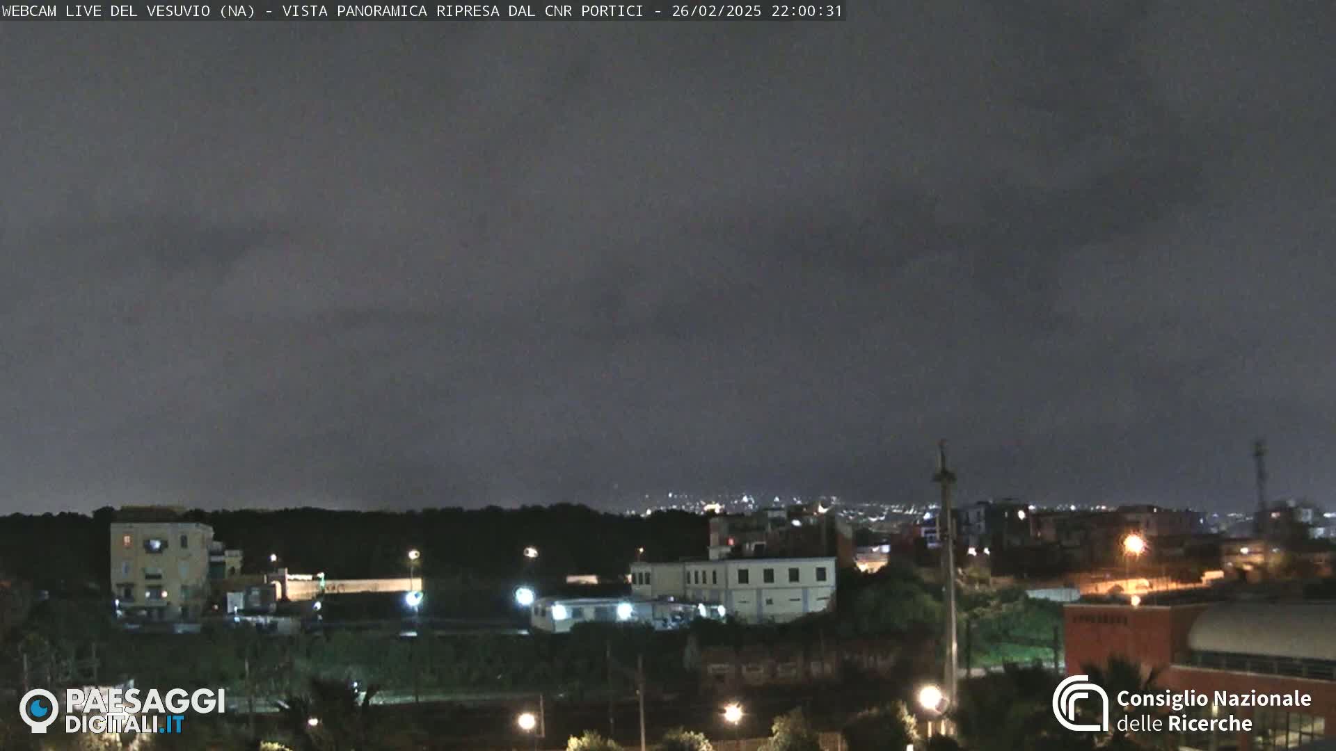 A nighttime view of a city skyline under an overcast sky.