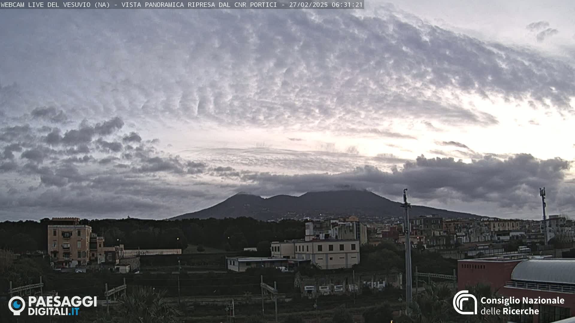 A view of Mount Vesuvius in the distance under a cloudy, overcast sky, with buildings and trees in the foreground.