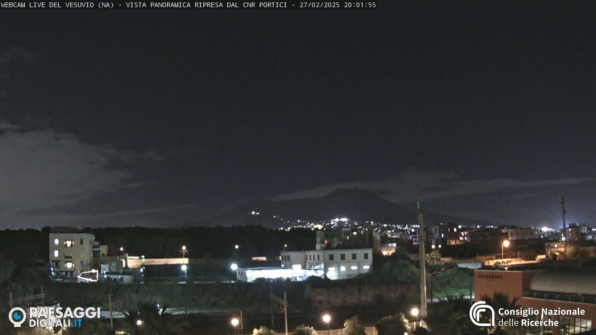 A nighttime view of a city with a volcano visible in the distance under a partly cloudy sky.