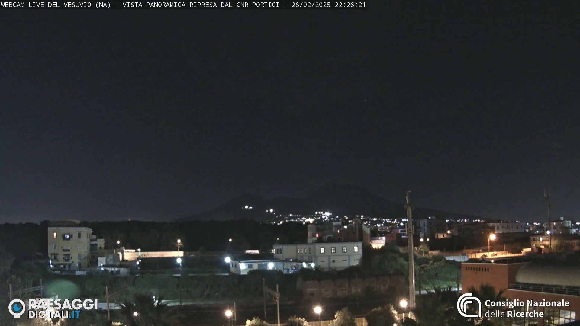 A nighttime long shot of a city with a volcano visible in the distance under a clear, dark sky.