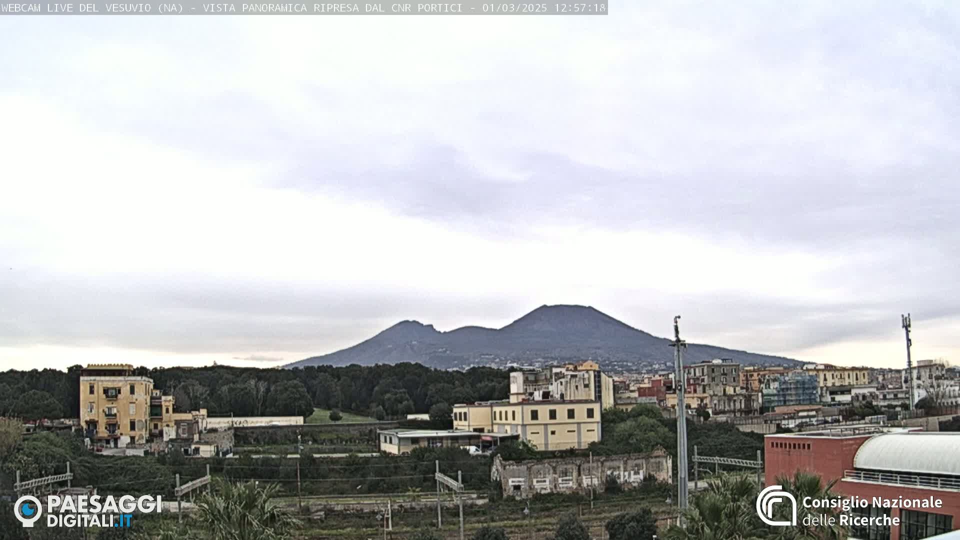 A distant, dark-colored, double-peaked mountain is visible under a mostly cloudy sky above a city and green landscape.