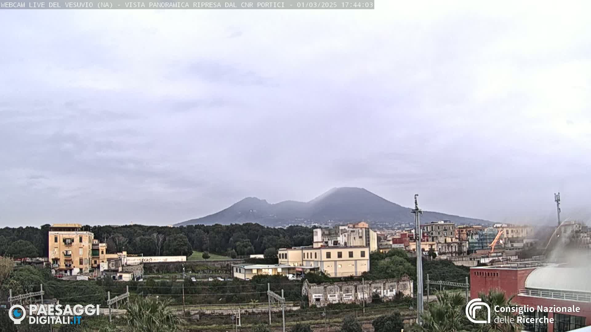 A distant view of Mount Vesuvius under a cloudy sky, overlooking a town with buildings, trees, and railway tracks.