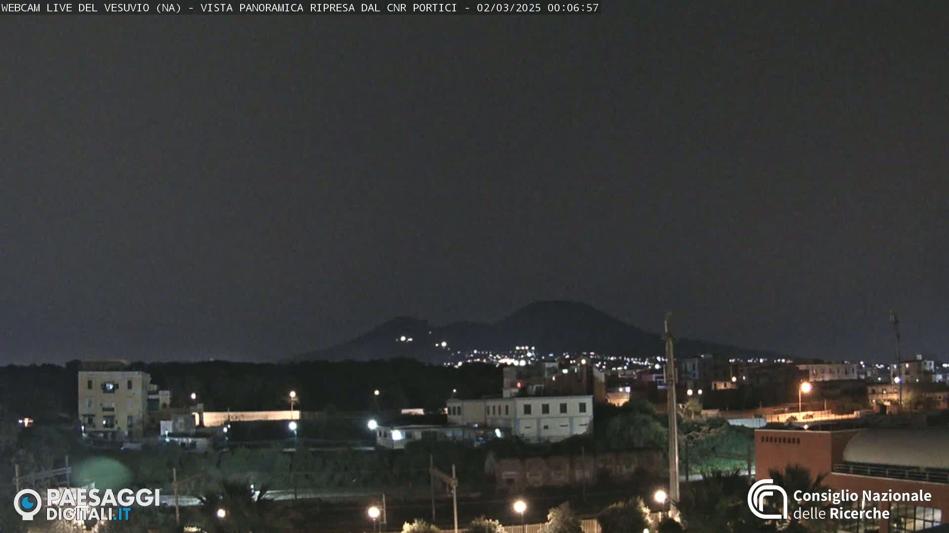 A nighttime view of a city with a volcano in the background under a clear, dark sky.