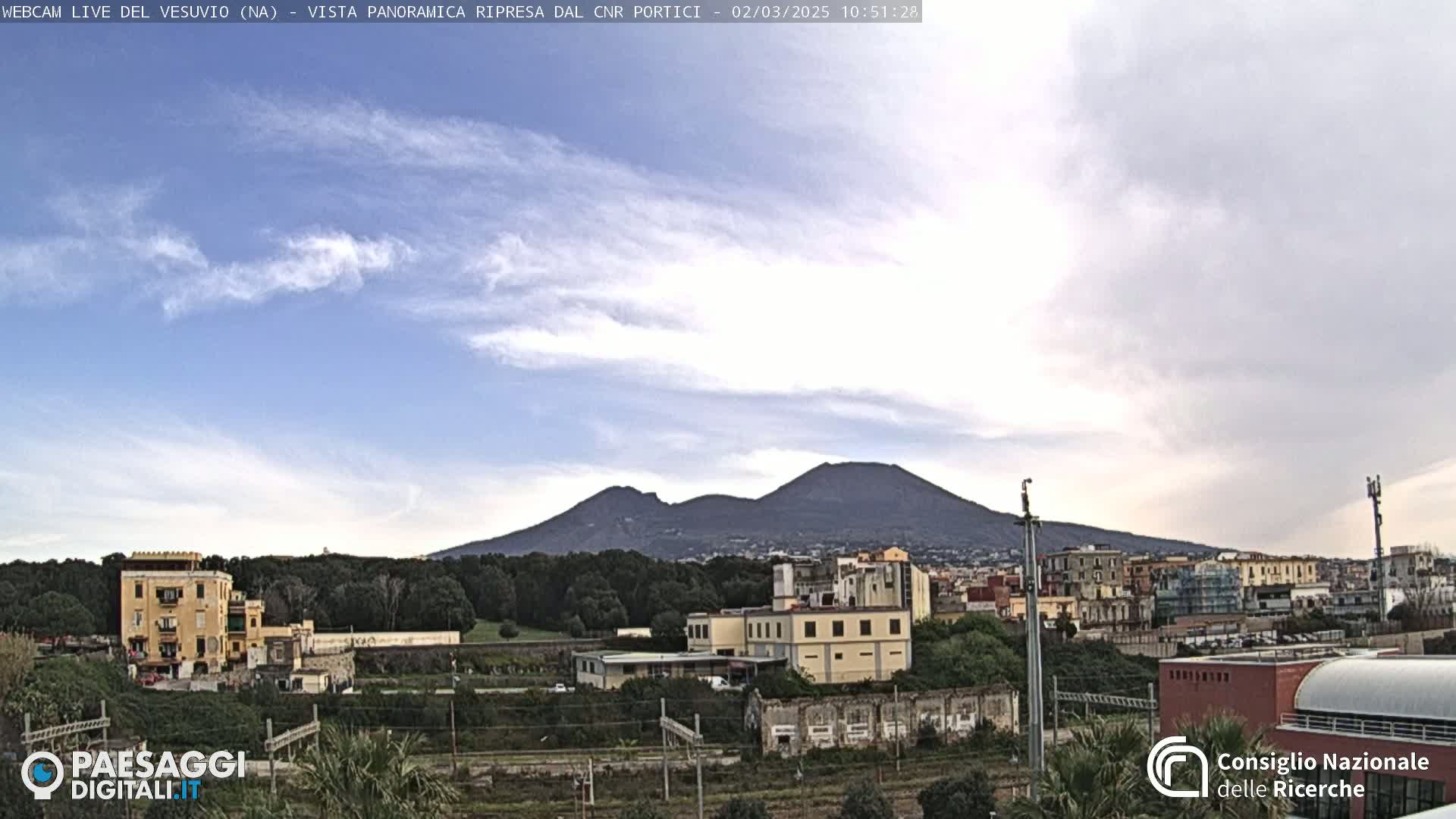Mount Vesuvius is visible in the distance above a town under a partly cloudy sky.