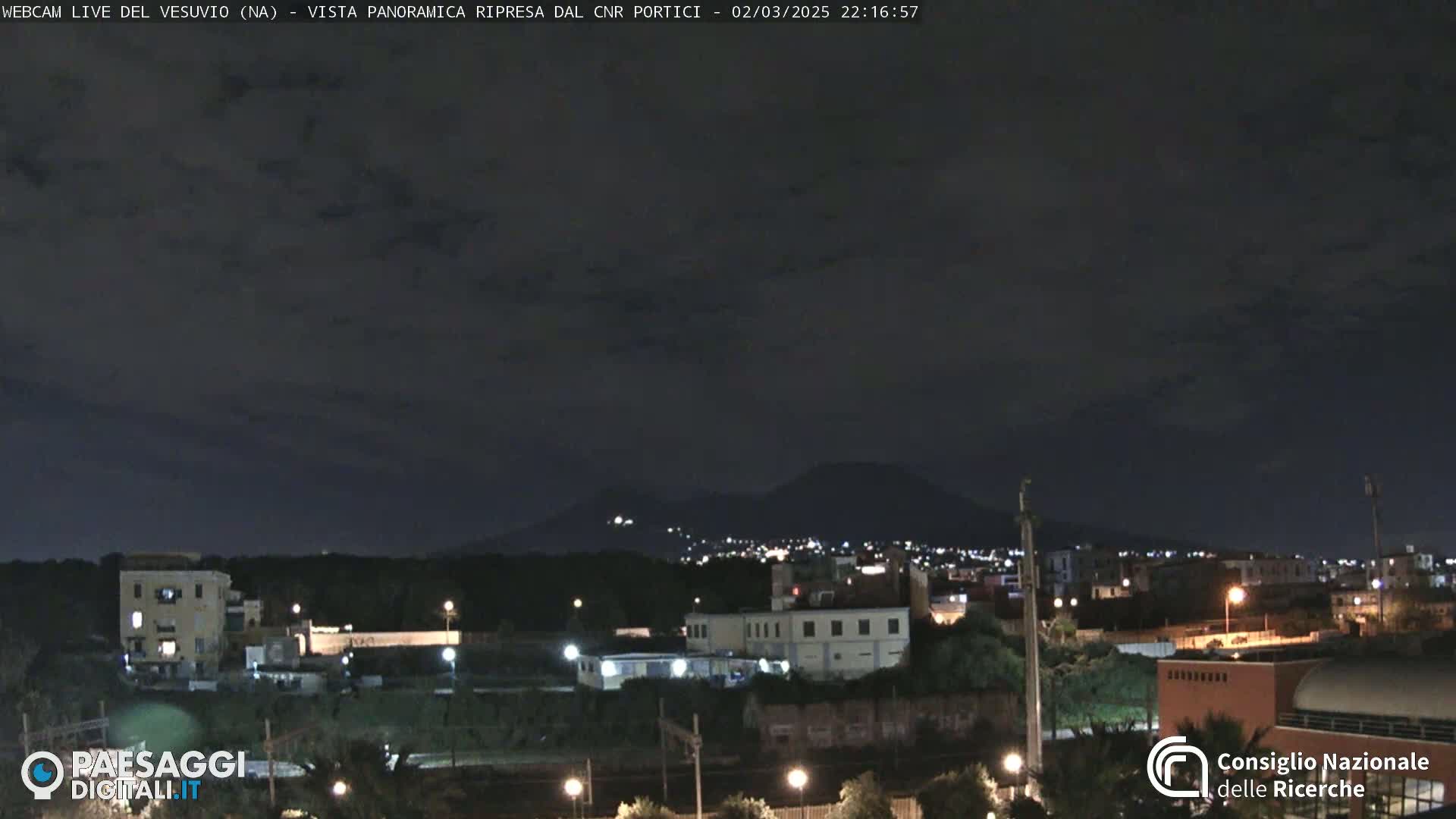 A nighttime view of a city with a dark, cloudy sky and a mountain range faintly lit in the distance.