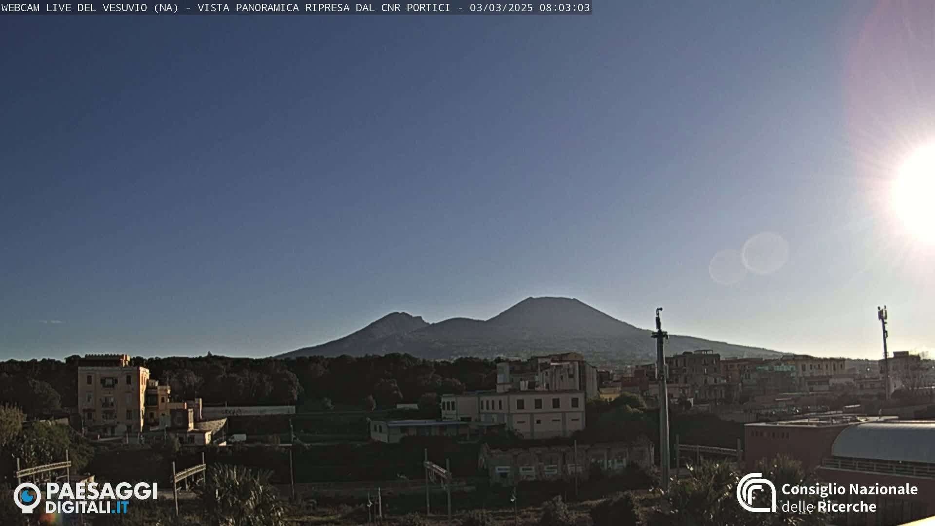 A distant, dark Mount Vesuvius is visible under a clear, bright sky above a town with low-rise buildings.